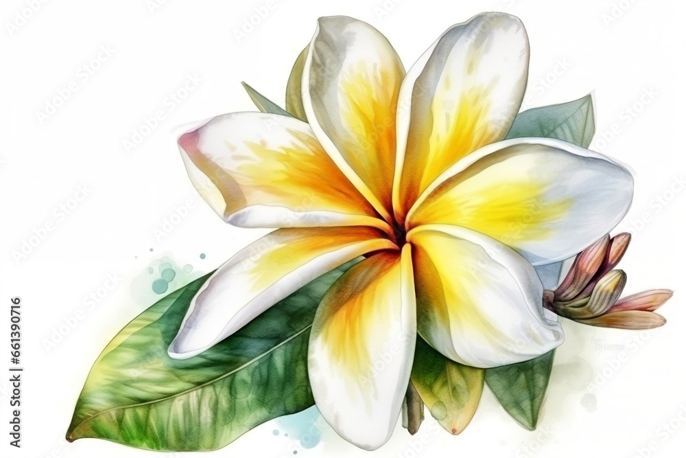 Watercolor Frangipani flower on white isolated background, wallpaper, textile design, generative ai