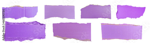 Collection of violet paper ripped messages torn with copy space, ripped kraft paper wallpaper, and violet wrapping vintage paper isolated top view, isolated on a transparent background. PNG, cutout, 