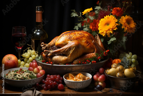 Laid table with a turkey decorated with fruit and flowers in the centre, autumn theme, Advent celebration
​
