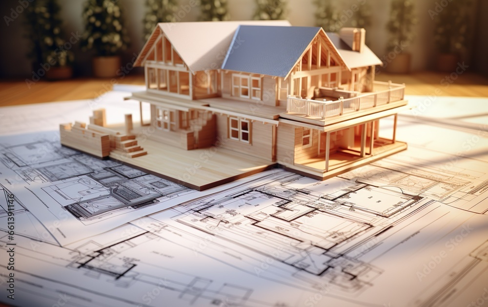 3d small house model on top of blueprints, floor plan. Drawing tools on ...
