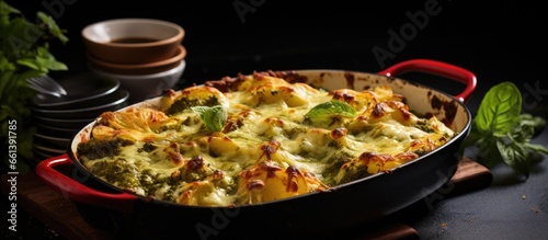 Pasta bake with homemade sauce cheese and pesto With copyspace for text