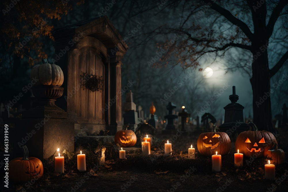 A Halloween backdrop featuring a jack-o'-lantern with burning candles, a spooky forest with a full moon, and pumpkins in a graveyard. A Halloween backdrop featuring a jack-o'-lantern with burning candles, a spooky forest with a full moon, and pumpkins in a graveyard.