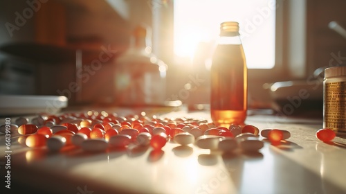Prescription opioids addiction and overdose risk concept with pills on mirror table photo