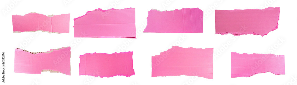 Collection of pink paper ripped messages torn with copy space, ripped kraft paper wallpaper, and pink wrapping vintage paper isolated top view, isolated on a transparent background. PNG, cutout, Collection of pink paper ripped messages torn with copy space, ripped kraft paper wallpaper, and pink wrapping vintage paper isolated top view, isolated on a transparent background. PNG, cutout,