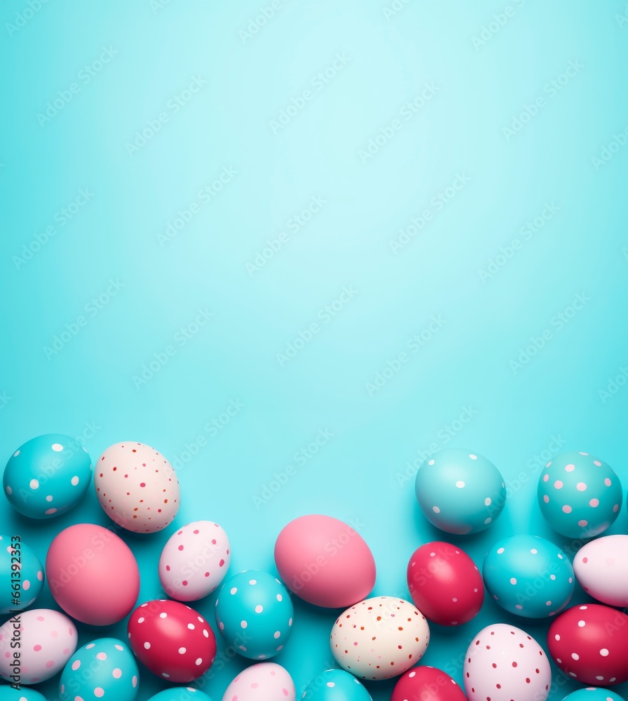 colorful easter eggs arranged on a blue surface, copy space for text