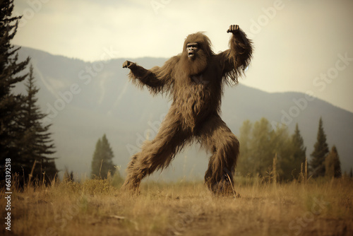 Bigfoot, also known as Sasquatch, is a legendary and elusive creature of North American folklore, often described as a large, ape-like hominid, computer Generative AI stock illustration image