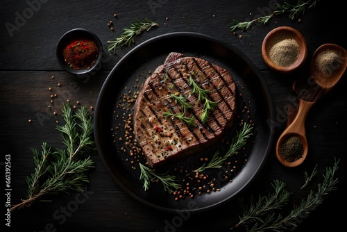 Grilled beef steak with spices, herbs, seasoning on dark black wooden board background, top down view, text copy space view from above, flat lay, delicious juicy steak on wood counter. Generative AI.