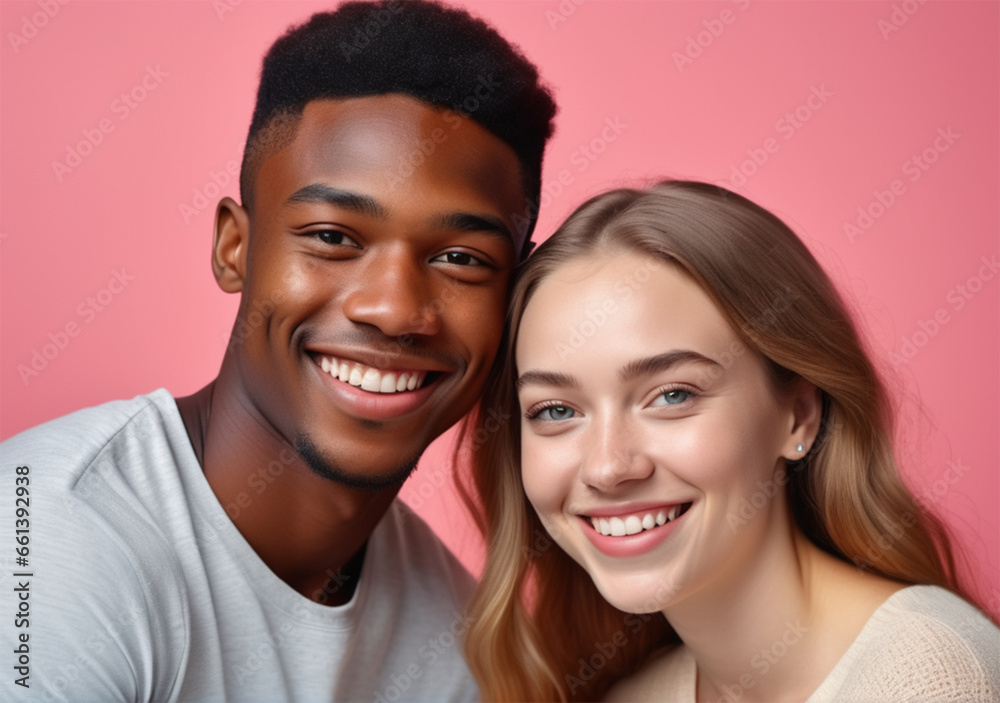 a young couple smiling on a solid color background a young couple smiling on a solid color background