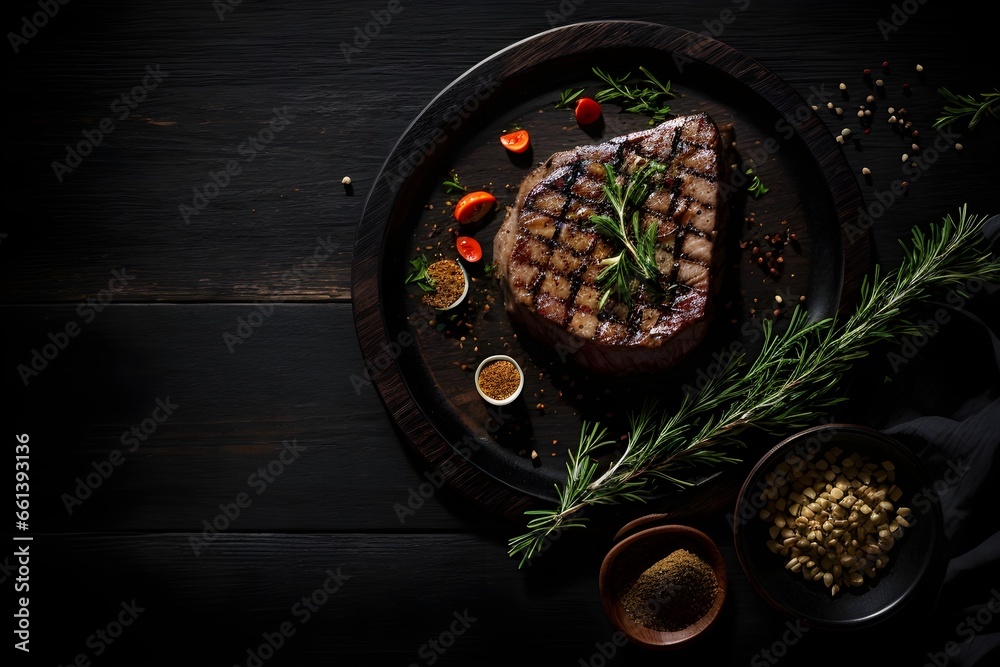 Grilled beef steak with spices, herbs, seasoning on dark black wooden board background, top down view, text copy space view from above, flat lay, delicious juicy steak on wood counter. Generative AI.