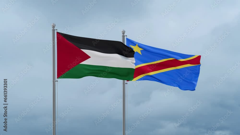 Democratic Republic of the Congo flag and Palestine and Gaza Strip flag waving together on cloudy sky, endless seamless loop, two country relations concept Democratic Republic of the Congo flag and Palestine and Gaza Strip flag waving together on cloudy sky, endless seamless loop, two country relations concept