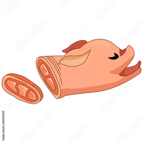 A pig with pork meat. Cut raw fresh meaty steak.
Cartoon isolated pork for cooking.
Flat vector illustration. 