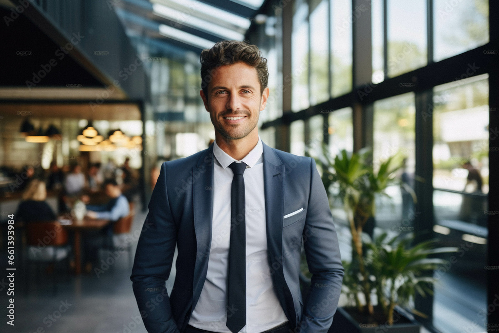 Smiling businessman in cafe.