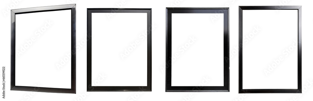 Collection of simple black thin metal picture frame borders for modern walls, isolated on transparent background. PNG, cutout, or clipping path. Collection of simple black thin metal picture frame borders for modern walls, isolated on transparent background. PNG, cutout, or clipping path.