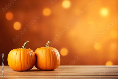 Pumpkins for Halloween and empty product podium, orange color background