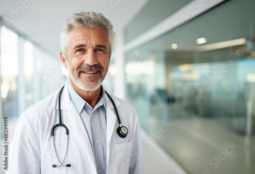 Portrait of a senior doctor on blurred hospital or health care center