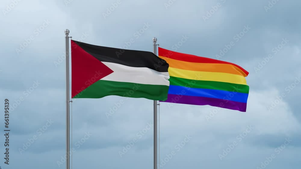 LGBT movement flag also Gay Pride and Palestine and Gaza Strip flag waving in the wind cycle looped video, tolerance conception in country LGBT movement flag also Gay Pride and Palestine and Gaza Strip flag waving in the wind cycle looped video, tolerance conception in country