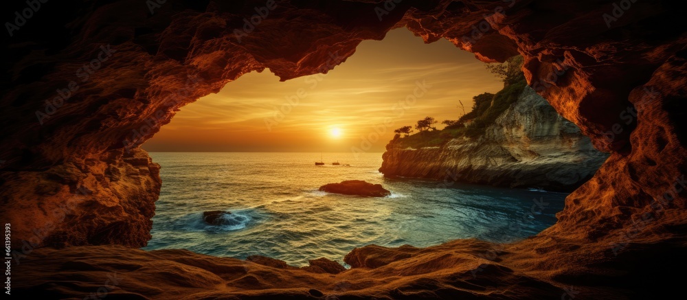 Mountain cave reveals stunning vintage sea sunset With copyspace for text