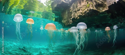 Palau is home to multiple marine lakes filled with various types of endemic jellyfish With copyspace for text