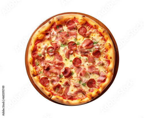 The pizza is isolated on a transparent background. Top view