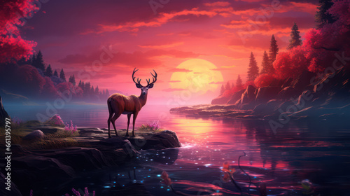 Deer on the lake in the sunset background illustration