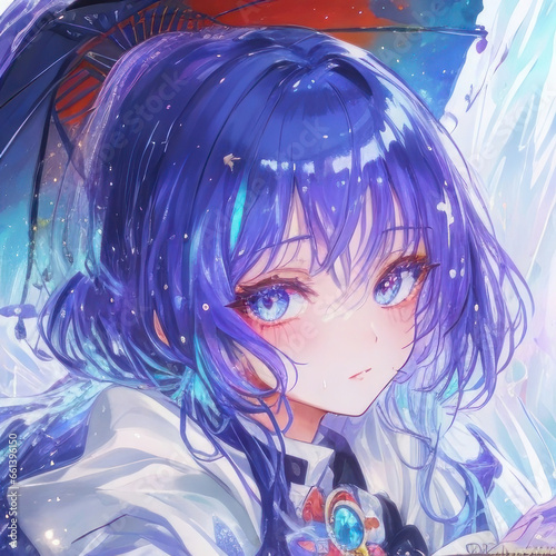 Beautiful girl drawn in anime style with blue hair, bright illustration in pastel colors.