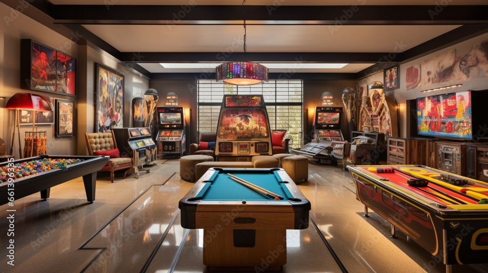 a well-appointed game room with a pool table and vintage arcade games, providing hours of entertainment