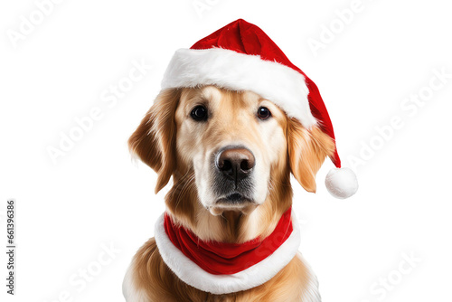a high quality stock photograph of a single golden retriever with a santa hat isolated on a white background © ramses