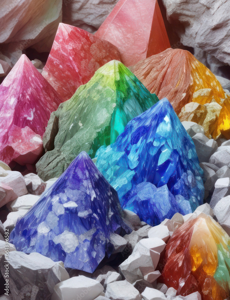 Obraz premium Beautiful multi-colored crystals among stones, bright minerals. Rainbow facets, natural beauty.