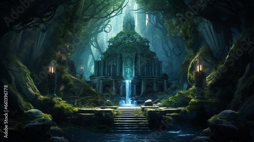 an ancient, mystical temple hidden deep within a mystical forest, a sanctuary for seekers of wisdom © rajpoot 