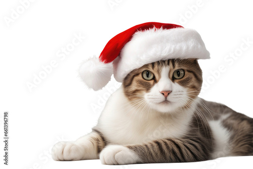 a stock photograph of a single satisfied cat with a santa hat on isolated on a white background © ramses