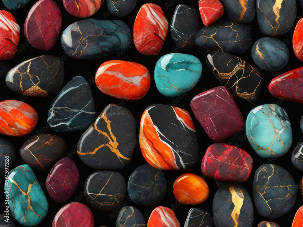 Seamless pattern of bright round stones with marble texture of different colors on a dark background. Cute backdrop, background. Seamless pattern of bright round stones with marble texture of different colors on a dark background. Cute backdrop, background.