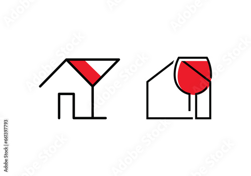 house with glass wine simple line logo vector design