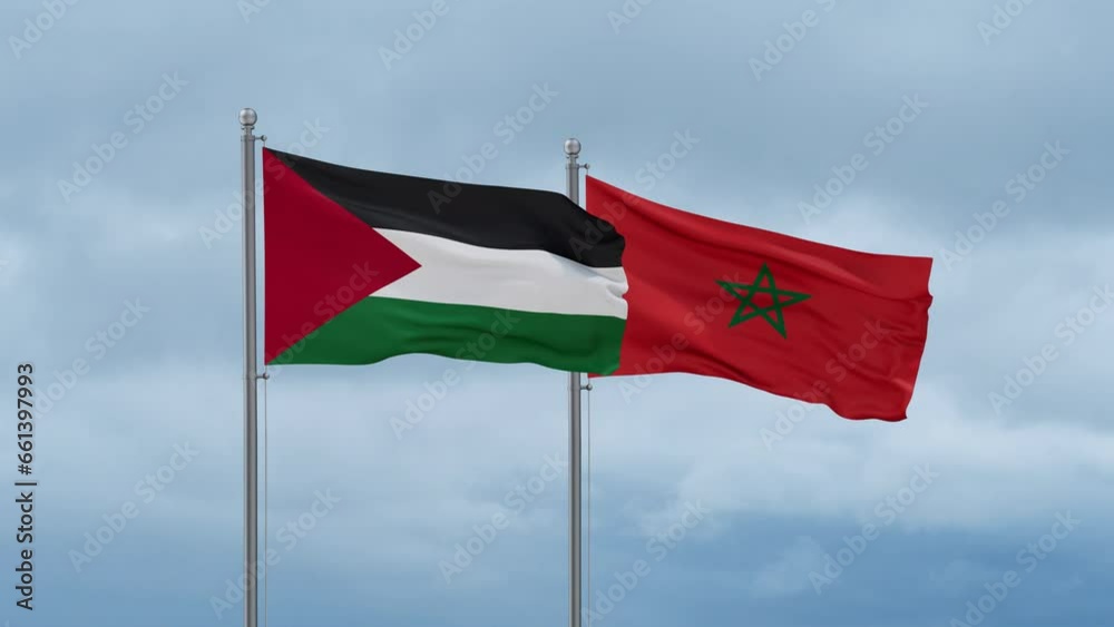 Morocco flag and Palestine and Gaza Strip flag waving together on cloudy sky, endless seamless loop, two country relations concept Morocco flag and Palestine and Gaza Strip flag waving together on cloudy sky, endless seamless loop, two country relations concept