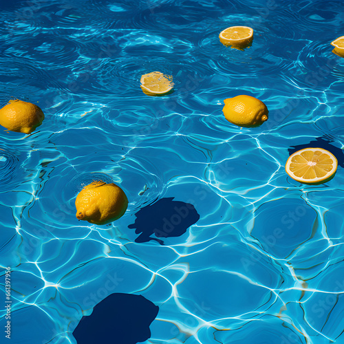 Clear blue water of a aestjetic pool, like an hotel, with several lemons floating. photo