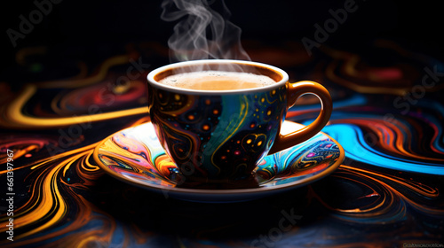 A cup of coffee with a colorful design