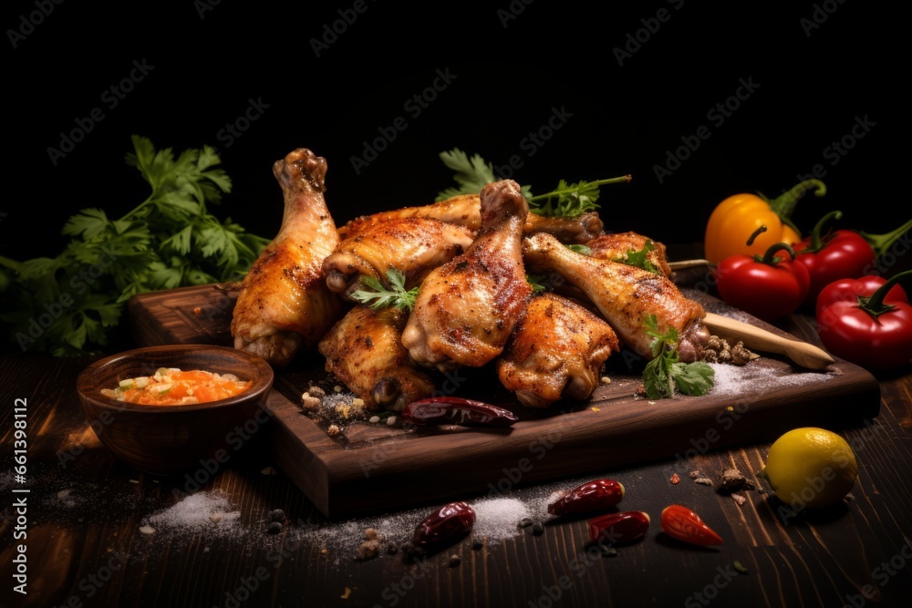 Cooked chicken wings and legs on a wooden cutting board. Dark background Cooked chicken wings and legs on a wooden cutting board. Dark background
