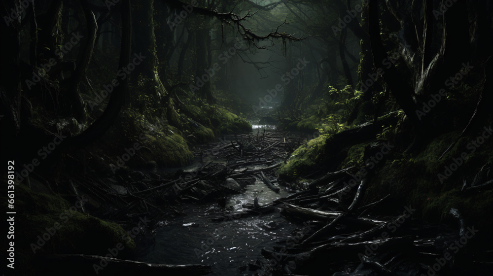 A dark forest with a path