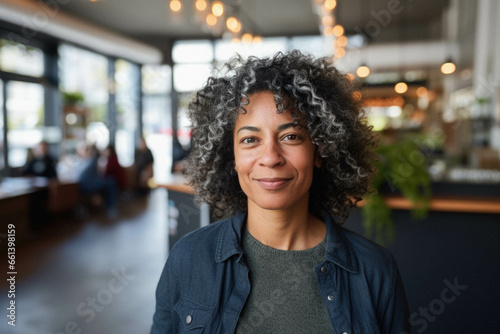 Portrait of a young black woman entrepreneur with curly hair.