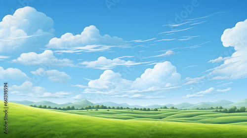 Landscape of a green field and a blue sky with clouds
