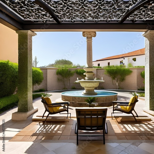 A Mediterranean-style courtyard with a fountain, mosaic tiles, and wrought iron furniture5, Generative AI photo