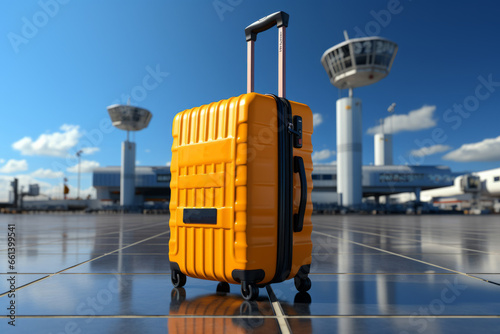  Close-up of a yellow suitcase on a blue surface, transformed into an artistic photo where flying arrows express, Generative AI