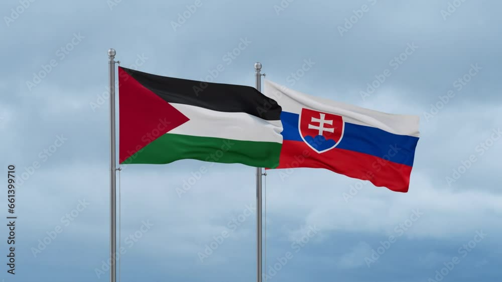 Slovak Republic or Slovakia and Palestine and Gaza Strip flag waving together on cloudy sky, endless seamless loop, two country cooperation concept Slovak Republic or Slovakia and Palestine and Gaza Strip flag waving together on cloudy sky, endless seamless loop, two country cooperation concept