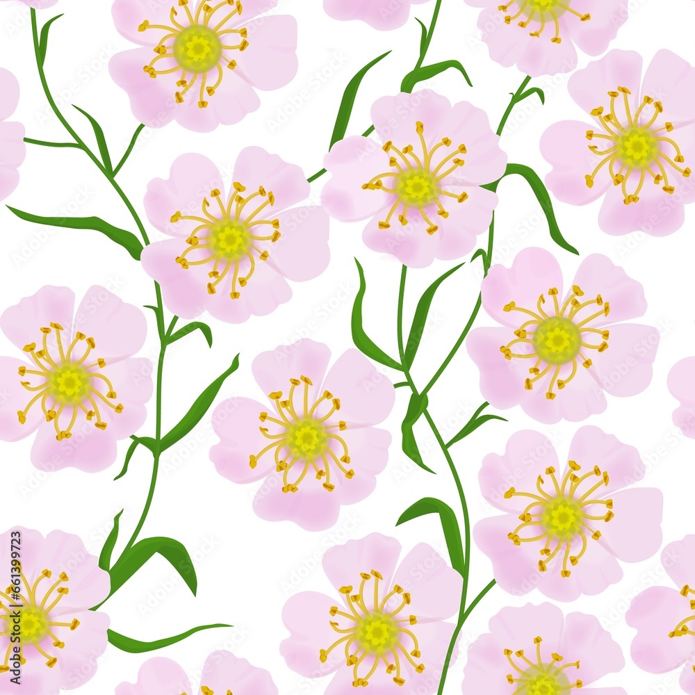 Pink flowers in floral repeat print with white background