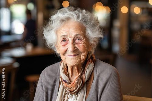 Portrait of a beautiful healthy centenarian old woman of European descent, gently smiling, feeling positive photo