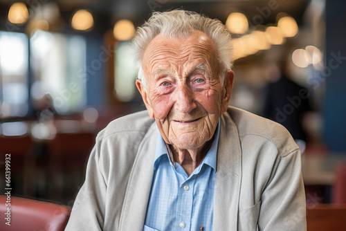 Healthy centenarian old man over 100 years old, gently smiling, feeling positive, showcasing the beauty of aging gracefully and living life to the fullest photo