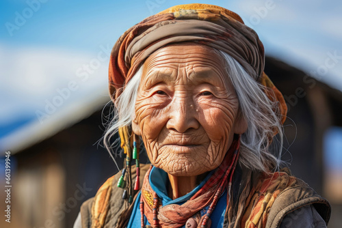 Healthy Japanese centenarian old woman from Okinawa, over 100 years old, gently smiling, feeling positive, embodies the essence of vitality