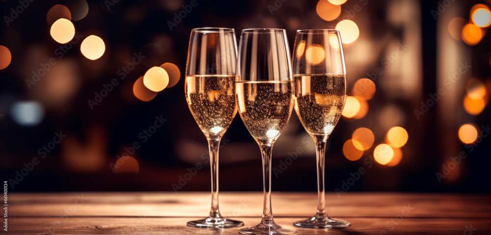 Celebration with champagne. Three glasses of champagne with confetti, glitter, serpentine and lights. New Years Eve concept. Celebration with champagne. Three glasses of champagne with confetti, glitter, serpentine and lights. New Years Eve concept.