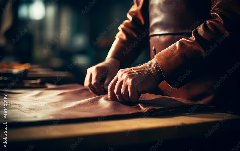 Artisan man working with leather. Closeup photo showing the process of making leather goods. - obrazy, fototapety, plakaty 