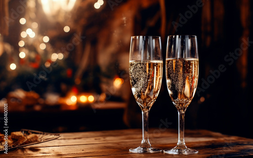 Celebration with champagne. Two glasses of champagne with confetti, glitter, serpentine and lights. New Years Eve concept.