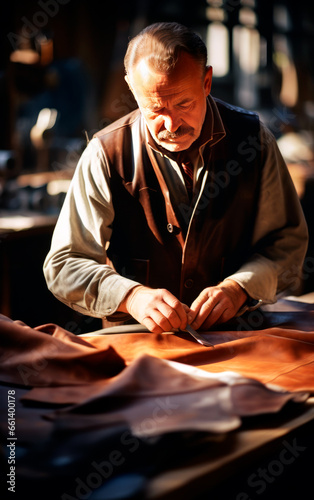 Artisan man working with leather. Closeup photo showing the process of making leather goods.